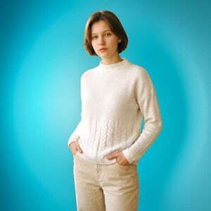 Banana Republic Mock Turtle Neck Ivory Cable Knit Pullover Wool Blend Sz L